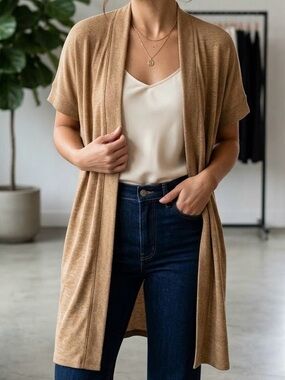 Love & Legend Tan Ribbed Short Sleeve Longline Cardigan Duster Lightweight Boho